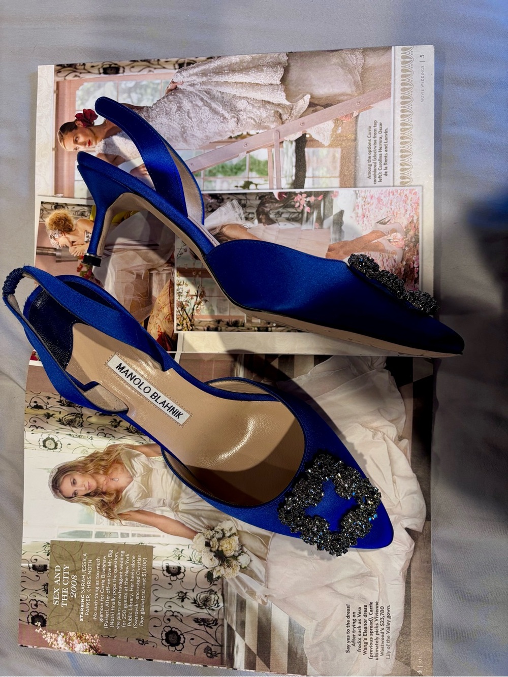 Manolo Blahnik Cobalt Blue Satin Embellished Slingback Pumps